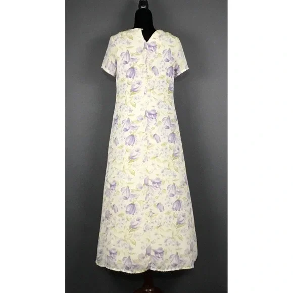 Jennifer Moore Dress Womens 10 Purple Floral Short Sleeve Shift Maxi Lined - Picture 2 of 10